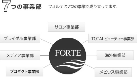 7つの事業部 サロン事業部、メディア事業部、ブライダル事業部、キッズ事業部、海外事業部、トータルビューティー事業部、メビウス事業部