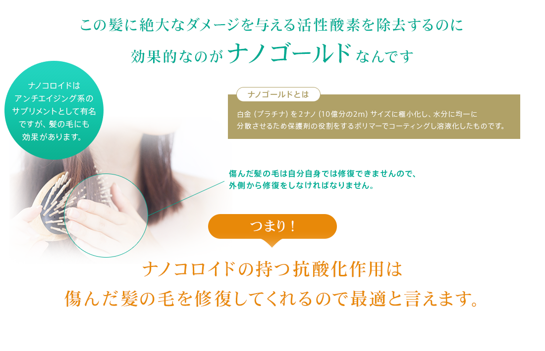 この髪に絶大なダメージを与える活性酸素を除去するのに効果的なのがナノゴールドなんです ナノコロイドの持つ抗酸化作用は傷んだ髪の毛を修復してくれるので最適と言えます。